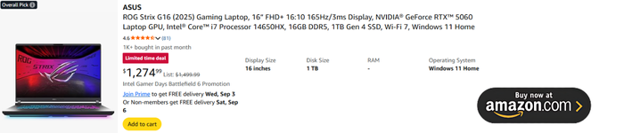 ASUS ROG Strix G16 (2025) Gaming Laptop, 16” FHD+ 1610 165Hz3ms Display, NVIDIA® GeForce RTX™ 5060 Laptop GPU, Intel® Core™ i7 Processor 14650HX, 16GB DDR5, 1TB Gen 4 SSD, Wi-Fi 7, Windows 11 Home