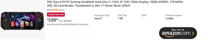 MSI Claw A1M PC Gaming Handheld: Intel Ultra 7-155H, 8" FHD 120Hz Display, 16GB LPDDR5, 1TB NVMe SSD, SD Card Reader, Thunderbolt 4, Win 11 Home: