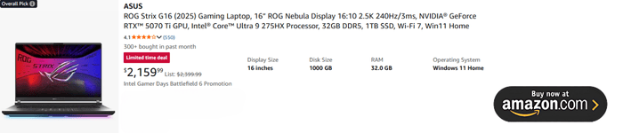 ASUS ROG Strix G16 (2025) Gaming Laptop, 16” ROG Nebula Display 16:10 2.5K 240Hz/3ms, NVIDIA® GeForce RTX™ 5070 Ti GPU, Intel® Core™ Ultra 9 275HX Processor, 32GB DDR5, 1TB SSD, Wi-Fi 7, Win11 Home