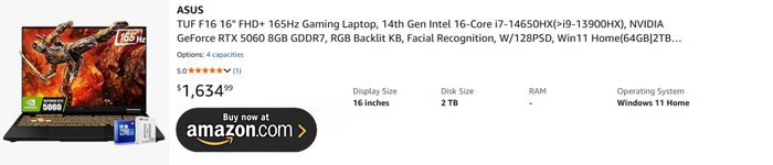 ASUS TUF F16 16 FHD+ 165Hz Gaming Laptop, 14th Gen Intel 16-Core i7-14650HX(i9-13900HX), NVIDIA GeForce RTX 5060 8GB GDDR7,