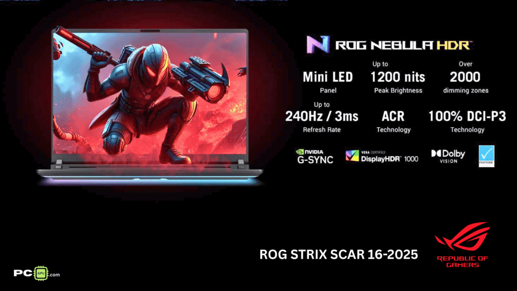 In this Asus ROG Strix SCAR 16 gaming laptop you get a 16-inch top-notch display with 2.5K resolution (2560 x 1600, WQXGA) and a 16:10 aspect ratio, which comes with ROG NEBULA HDR technology. It has a mini LED panel with a peak brightness of 1200 nits, which is the brightest display in the laptop industry to date. The refresh rate of this panel is 240 Hz/3 ms. This display is equipped with ACR technology, Dolby Vision, VESA certification, and Nvidia G-SYNC.